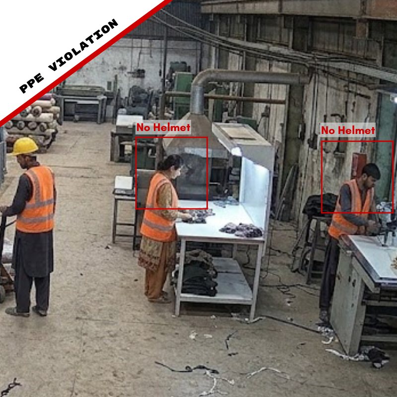 Workers without helmets detected on a factory floor